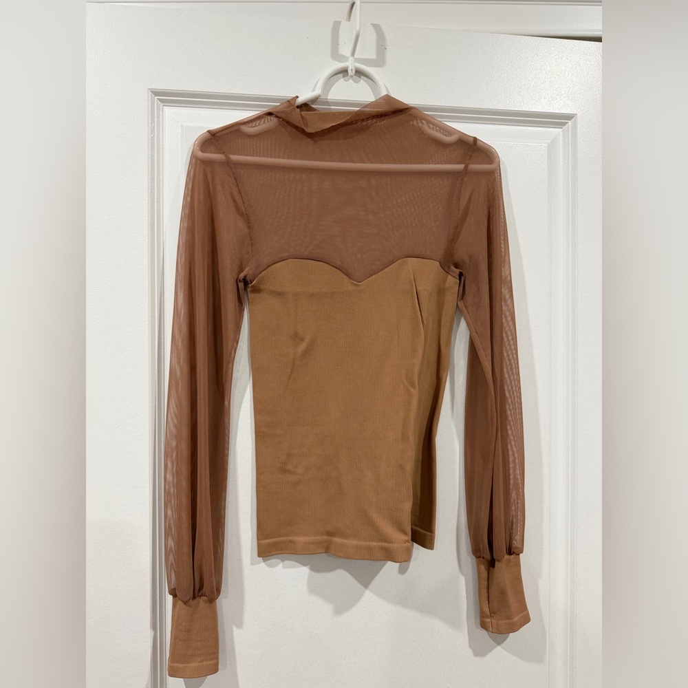Free People Sheer Brown Long Sleeve Blouse